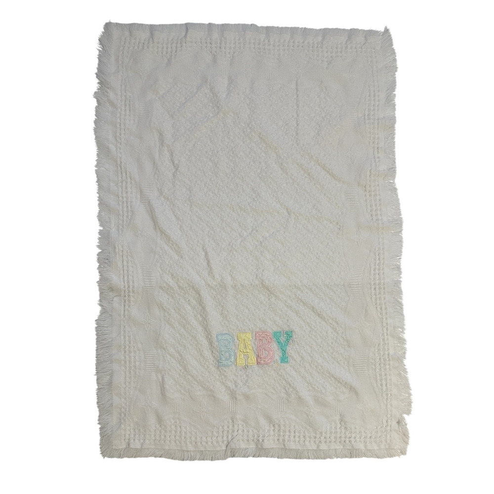 Bright Future BABY Patch Acrylic White Blanket Lovey Applique Pastel Fringe